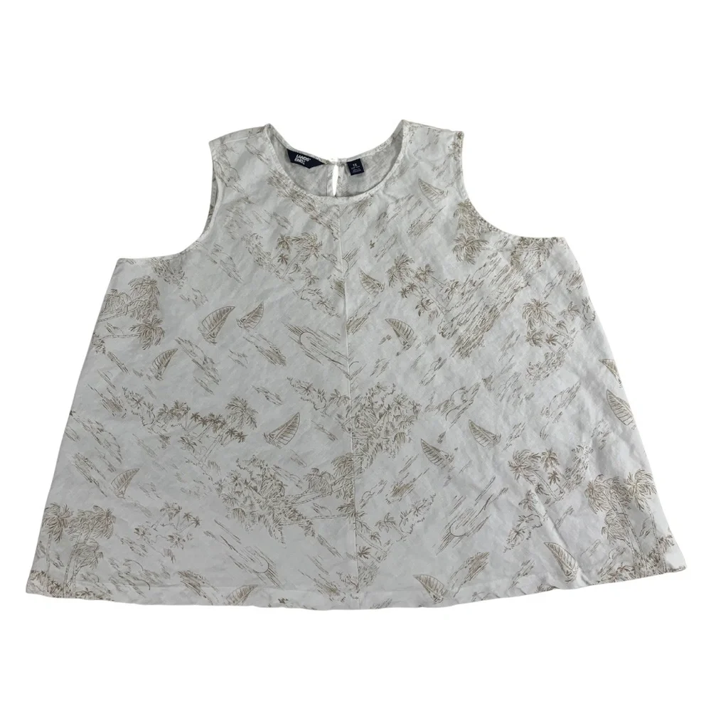 Lands End 100% Linen Toile Print Tank Top Womens 1X Minimalist Vacation